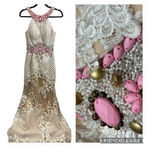 Rachel Allan Pink and Cream Embellished Prom Dress
